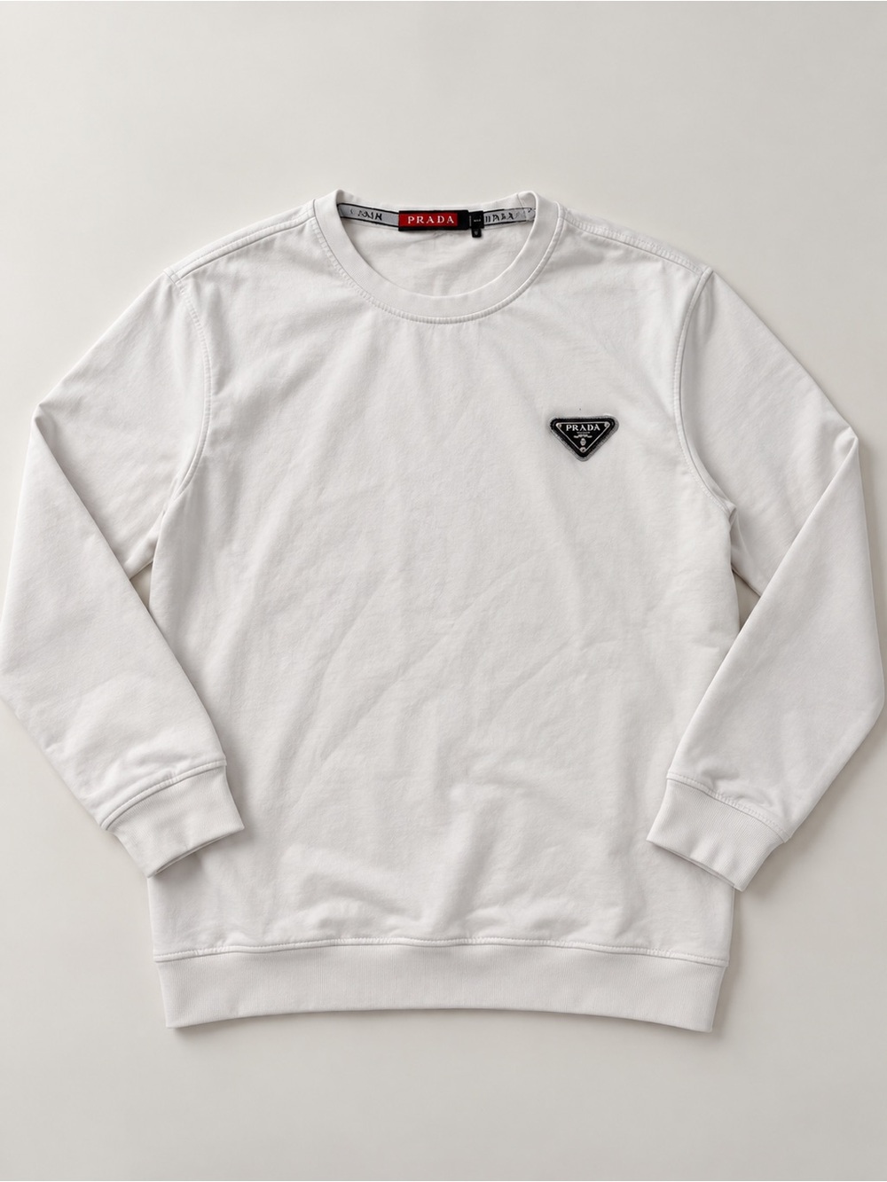Prada White Crewneck Sweatshirt with Black Triangle Logo Patch
